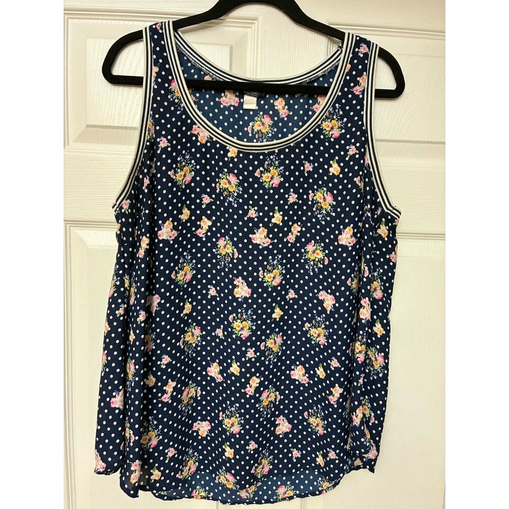 Torrid Womens Size 2 Navy Floral Polka Dot Tank Top Sleeveless Plus Size Blouse